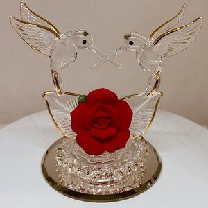 Hummingbirds with Red Rose Glass Figurine Romantic Decor